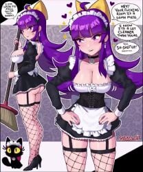 animated ass breasts broom earrings english_voice_acting female fishnets jellyfishjubilee light-skinned_female light_skin long_hair looking_at_viewer maid maid_uniform mp4 original_character purple_eyes purple_hair sarukaiwolf sound tagme text text_bubble thighs video violentine_(sarukaiwolf) voice_acted