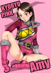 1girls amy_yuzuki belt black_hair blush bodysuit boots breasts brown_hair cameltoe censored exposed_thighs eyebrows glove gloves head_rest heroine kyoryu_pink legs long_hair looking_at_viewer medium_breasts mosaic_censoring open_mouth pants_removed pink_background pink_clothing pink_eyes pink_footwear pink_shirt pink_skirt pubic_hair pussy sakuradou shoulder_pads simple_background sitting skirt solo solo_female spread_legs suit super_sentai thighs vagina white_glove white_gloves without_pants zyuden_sentai_kyoryuger