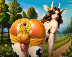 ai_generated armlet bent_over brown_hair cow_ears cow_girl cow_horns cum cum_drip fantasy female fruit futa_only futanari grass intersex intosica looking_at_viewer looking_back nose_piercing nose_ring orange_penis outdoors pale_skin penis precum thighhighs trees weird_penis