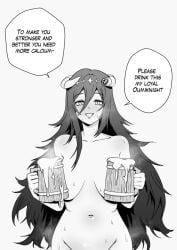 1girls beer_mug dialogue female grayscale horns lactation large_breasts long_hair milk naked oumiya_emma prism_project virtual_youtuber