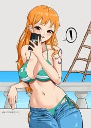 ! 1girls 2020s 2023 against_railing bikini blue_pants blush breasts brown_eyes cellphone collarbone denim earrings elpipe3000 female female_only green_bikini hi_res holding holding_phone jeans jewelry large_breasts light-skinned_female light_skin long_hair looking_at_viewer nami nami_(one_piece) navel one_piece open_fly open_mouth orange_hair outdoors pants phone post-timeskip railing selfie shoulder_tattoo smartphone solo spoken_exclamation_mark standing stomach stud_earrings swimsuit tattoo wavy_hair