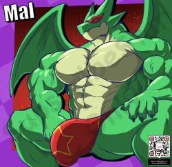 abs anthro biceps big_bulge bulge clothing dragon green_body kings_of_hell mal_leviathan male mask masterelrest muscular muscular_anthro muscular_male pecs solo spread_legs spreading thong underwear vein veiny_muscles watermark