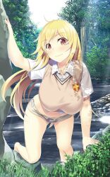 +_+ 10s 1girls 2015 barefoot blonde_hair blush breasts female hanging_breasts homu_(seven_deadly_sins) large_breasts light-skinned_female light_skin long_hair looking_at_viewer outdoors panties school_uniform schoolgirl shokuhou_misaki short_shorts shorts side-tie_panties smile solo sweater_vest symbol-shaped_pupils teenage_girl teenager thighs to_aru_kagaku_no_railgun to_aru_majutsu_no_index tokiwadai_school_uniform unbuttoned underwear unusual_pupils v-neck yellow_eyes young