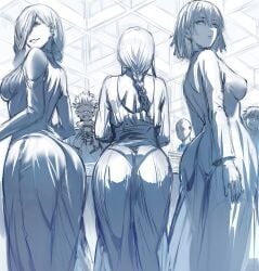 3girls ass ass_focus big_ass blue_eyes breasts chainsaw_man clothed company_connection crossover denji_(chainsaw_man) dress female femsub fubuki_(one-punch_man) greyscale harem hews hews_hack jujutsu_kaisen large_ass large_breasts leash leash_and_collar light-skinned_female light_skin long_hair looking_at_viewer makima_(chainsaw_man) mappa mei_mei_(jujutsu_kaisen) multiple_girls on_knees one-punch_man red_hair saitama satoru_gojo short_hair shounen_jump shueisha smile submissive_female take_your_pick weekly_shonen_jump wide_hips