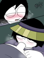 alex_bont_(sepbox) black_hair blowjob blush cock dick gay grey_clothing incredibox_mod polo_(incredibox) sepbox tagme tam_thatmen_(sepbox) text visor_cap white_skin yaoi