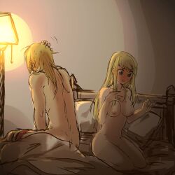 1boy 1boy1girl 1girls after_sex blonde_hair blush canon_couple completely_nude dark_lighting dark_room edward_elric embarrassed flustered fullmetal_alchemist fullmetal_alchemist_brotherhood hair_down hickey_marks lamp_light long_hair long_hair_female long_hair_male no_clothes sex_on_bed sweatdrop tsukuda0310 winry_rockbell young_couple