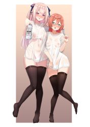 2girls beer iku_hoshifuri large_breasts multiple_girls pink_eyes pink_hair prism_project red_hair thighhighs transparent_clothing twintails virtual_youtuber wet wet_clothes