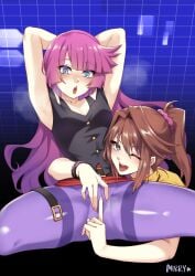 2girls anzu_mazaki armpits arms_up blush brown_hair female_only hair_between_eyes happy kirishima_romin long_hair mazaki_anzu medium_hair mibry_(phrysm) miniskirt multiple_girls one_eye_closed pantyhose purple_hair purple_pantyhose romin_kirishima skirt skirt_lift small_breasts solo_focus spread_legs tagme tea_gardner thick_thighs thighs uncensored wide_hips yu-gi-oh! yu-gi-oh!_duel_monsters yu-gi-oh!_sevens