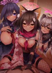 >:) 1boy 3girls :d ahoge allied_hyakkiyako_academy_student animal_ear_fluff animal_ears aroused assertive_female asymmetrical_legwear black_gloves black_hair blue_archive blue_eyes blue_skirt blush breasts breasts_out breasts_squeezed_together brown_hair closed_mouth clothes_lift comiket_102 commentary_request cowgirl_position crossed_bangs eyelashes fishnet_thighhighs fishnets fox_ears fox_girl fox_mask fox_tail gloves grey_hair hair_between_eyes hair_over_one_eye halo highres huge_breasts indoors izuna_(blue_archive) large_breasts long_hair looking_at_viewer mask medium_hair michiru_(blue_archive) midori_(misuriru8) miniskirt mismatched_legwear multiple_girls neckerchief ninja ninjutsu_research_club_(blue_archive) nipples no_bra oerba_yun_fang one_eye_covered open_mouth partially_fingerless_gloves pink_halo pink_neckerchief pleated_skirt red_scarf scarf school_uniform serafuku shirt shirt_lift single_thighhigh skin_fang skirt smile straddling straight-on sweat tail thigh_strap thighhighs tsukuyo_(blue_archive) v-shaped_eyebrows visible_air white_gloves white_shirt yellow_eyes