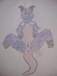 absurd_res anthro anus ass black_body black_horn black_scales blue_internal female genitals hi_res hole_(anatomy) horn kobold long_tail looking_at_viewer lying on_back pink_body pink_scales presenting presenting_hindquarters presenting_pussy purple_body purple_scales pussy raven_evalon raven_evalon_(kobold_forme) red_eyes scales smile solo solo_focus tail