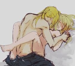 blonde_hair blush canon_couple clothed_sex edward_elric fullmetal_alchemist fullmetal_alchemist_brotherhood laying_on_back leg_lock long_hair ponytail winry_rockbell wrist_grab