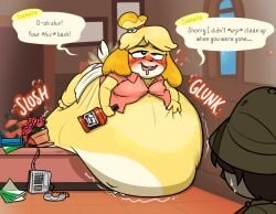 1boy 1girls animal_crossing anthro ass belly belly_expansion big_belly blonde_hair breasts bubble bubbles canine canine_humanoid dog drool drooling drunk english_text expansion fat female female_focus furry hiccuping hips holding_belly huge_belly inflated_belly inflation isabelle isabelle_(animal_crossing) large_ass large_belly liquid liquid_inflation male nintendo noh-buddy overweight overweight_female panties rose rose_(flower) roses skirt slosh sloshing_belly stomach tail_wagging telephone text thick_thighs thighs tipsy underwear villager_(animal_crossing) wardrobe_malfunction water_weight weight_gain whiskey whiskey_bottle wide_hips yellow_fur