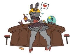 alcohol alcohol_bottle alcoholic_beverage alcoholic_drink bar bonbon_(animal_crossing) brewster_(animal_crossing) high_heels nyurusauce stuffed_animal tagme upskirt