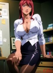 1girls ai_generated bible_black big_breasts breasts cjin cleavage earrings female female_only lipstick long_hair makeup mature mature_female milf nai_diffusion office_lady pinup purple_eyes red_hair shirt skirt solo solo_female solo_focus stable_diffusion takashiro_hiroko teacher unbuttoned unbuttoned_shirt voluptuous