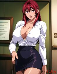 1girls ai_generated bible_black big_breasts breasts cjin cleavage earrings female female_only lipstick long_hair makeup mature mature_female milf nai_diffusion no_bra office_lady pinup purple_eyes red_hair shirt skirt solo solo_female solo_focus stable_diffusion takashiro_hiroko teacher unbuttoned unbuttoned_shirt voluptuous