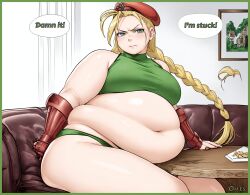 ai_generated bbw belly_overhang big_belly big_breasts big_female blush cammy_white chubby chubby_female double_belly embarrassed fat fat_ass fat_female fat_fetish fat_girl fat_rolls fat_woman fatty large_female obese obese_female overweight overweight_female plump pork_chop speech_bubble street_fighter stuck thick_thighs weight_gain