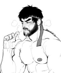 1boy abs after_fellatio bara beard_stubble blush breath cum cum_on_hands cum_string facial forked_eyebrows greyscale headband large_pectorals male male_focus male_only mature_male mewniverse monochrome muscular muscular_male mustache_stubble nipples no_visible_genitalia nude pectorals ryu_(street_fighter) short_hair solo street_fighter street_fighter_6 thick_eyebrows upper_body yaoi