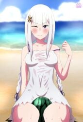 1female 1girls embarrassed female hair_ornament light-skinned_female light_skin one_eye_closed perfart re:zero_kara_hajimeru_isekai_seikatsu satella_(re:zero) solo solo_female solo_focus thick_thighs twintails watermelon watermelon_crushing wet white_dress white_hair