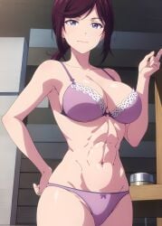 1girls abs acchan_(megami_no_kafeterasu) ai_generated big_breasts black_hair bra breasts busty cleavage confident female female_only glasses hand_on_hip large_breasts megami_no_kafeterasu multiple_boys muscular muscular_female navel panties pose posing purple_eyes smile voluptuous