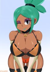 1girls big_breasts breasts cerebella choker cleavage collar dan_cavendish female_focus female_only flirting flirting_with_viewer green_hair lab_zero_games large_breasts lingerie lipstick looking_at_viewer ponytail seductive seductive_look seductive_smile skullgirls solo thick_thighs wink winking winking_at_viewer