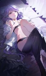 bed bed_sheet bedroom blue_eyes bra furina_(genshin_impact) genshin_impact kawa683 lying on_bed panties pantyhose pantyhose_pull pillow school_uniform schoolgirl skirt small_breasts underwear undressing white_hair