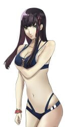 1girls bikini bikini_bottom bikini_top blue_bikini bracelet brown_hair female female_only green_eyes hifumi_togo long_hair looking_at_viewer persona persona_5 skinny solo standing swimsuit tagme white_background