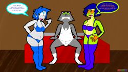 2girls1boy amphibian belly blue_bra blue_eyes blue_hair blue_panties blue_thighhighs bra cat chubby domestic_cat feline female_dom frog frog_girl furry green_body green_eyes grey_body grey_fur kenmazu95 lily_paddington male_sub metallic_body miles_grey nervous panties purple_bra purple_panties purple_thighhighs red_eyes robot robot_girl sinikka_jacinth slightly_chubby socks sub sweat tank_top thighhighs tighty_whities tree_frog tummy underwear white_socks white_underwear