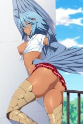 feathers female female_only flashing_pussy harpy huge_ass lindaroze medium_breasts monster_girl monster_musume_no_iru_nichijou nipples no_bra no_panties papi_(monster_musume) pussy school_uniform schoolgirl_uniform tagme tan tan_body thick_thighs third-party_edit tits_out wings