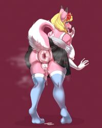 absurd_res accessory anthro anus ass bent_over big_anus big_breasts blonde_hair blue_eyes bodily_fluids bottomwear breasts canid canine canis clothing dragon ear_piercing female flower flower_in_hair fur genital_fluids genitals hair hair_accessory hi_res huge_anus huge_breasts hybrid hyper hyper_anus la.xtc legwear looking_at_viewer looking_back mammal musk nipple_piercing nipples piercing pink_body pink_fur plant presenting presenting_hindquarters puffy_anus pussy pussy_juice raised_tail roketchu shirt skirt solo stockings sweat sweatdrop tail topwear wolf