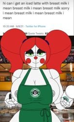 animatronic apron baby_(fnafsl) barista circus_baby circus_baby_(fnaf) coffee coffee_cup employee employee_uniform five_nights_at_freddy's five_nights_at_freddy's:_sister_location green_eyes i_mean_breast_milk iced_latte_with_breast_milk meme red_hair smile smiling_at_viewer starbucks twintails twitter