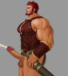 balls bara beard big_penis boner cum drooling erection eyes_rolling_back facial_hair fate_(series) iskandar_(fate) male male_only muscles muscular orgasm pantsless pecs penis red_hair solo solo_male tears xianyusamuel