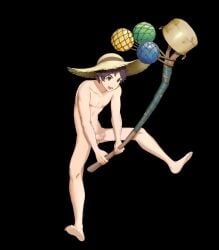 1boy attack black_background brown_eyes brown_hair codename_edit donnel_(fire_emblem) donnel_(summer)_(fire_emblem) edit fire_emblem fire_emblem_awakening fire_emblem_heroes hat holding holding_object male male_only naked_hat net nintendo nude nude_filter nude_male open_mouth scar short_hair smile solo stick straw_hat uncensored