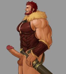 balls bara beard big_penis boner closed_eyes erection facial_hair fate_(series) iskandar_(fate) male male_only muscles muscular pantsless pecs penis red_hair solo solo_male xianyusamuel