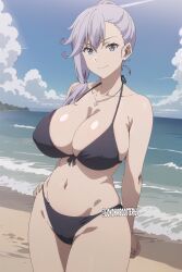 1girls ai_generated arm_behind_back big_breasts bikini blue_eyes breasts busty child_bearing_hips cleavage confident emilia_ludwell female female_only hand_on_hip large_breasts legs looking_at_viewer maou_gakuin_no_futekigousha navel ponytail purple_hair sensual smile solo swimsuit thighs voluptuous