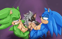 anthro archie_comics balls bodily_fluids double_oral fan_character genital_fluids genitals group hi_res jackofak male male/male nipple_piercing nipples nude oral penis piercing precum pubes scourge_the_hedgehog sega sonic_(series) sonic_the_hedgehog sonic_the_hedgehog_(archie) sonic_the_hedgehog_(comics) sonic_the_hedgehog_(series) sweat trio