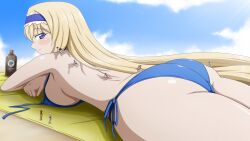 1girls ass beach big_ass big_breasts bikini blonde_hair blue_bikini bow breasts busty cecilia_alcott female giant giantess hairbow half-closed_eyes highres infinite_stratos large_breasts legs long_hair looking_back lotion lying on_stomach seductive_smile sensual sideboob smile sunbathing sunscreen swimsuit the_pose thick_thighs thighs topless towel untied_bikini