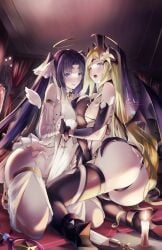 2girls :p angel angel_and_devil angel_wings ass asymmetrical_docking black_footwear black_gloves black_hair black_nails black_thighhighs black_vs_white blonde_hair blue_eyes breast_press breasts bridal_gauntlets candle cosplay curtains demon_girl demon_horns demon_wings detached_sleeves elbow_gloves fake_halo fangs female_focus fingerless_gloves fire flower gabriel_(high_school_dxd) gainoob garter_straps gloves hair_flower hair_ornament hair_ribbon halo hand_on_another's_ass high_heels high_school_dxd highres holding_hands horns indoors interlocked_fingers kneeling large_breasts lily_(flower) lock long_hair looking_at_viewer multiple_bracelets multiple_girls open_mouth padlock padlocked_collar panties parted_bangs red_carpet red_nails revealing_clothes ribbon sandals serafall_leviathan side-tie_panties signature straight_hair string_panties thigh_strap thighhighs thong toeless_footwear tongue tongue_out twintails underwear wedgie white_garter_straps white_ribbon white_sleeves wings yuri