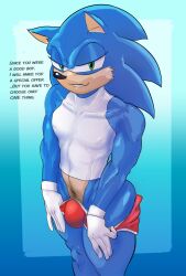 anthro bulge clothed clothing dialogue hi_res jackofak looking_at_viewer male muscular muscular_male nipple_outline pubes sega solo sonic_(series) sonic_the_hedgehog sonic_the_hedgehog_(series) undressing