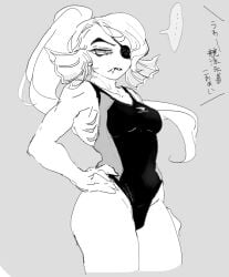 >:( ... 1girls 2010s 2018 anthro anthro_only black_and_white breasts delta_rune_(emblem) ear_fins eye_patch eyepatch fangs female_anthro female_only fish fish_girl grey_background hair hand_on_hip head_fins japanese_text long_hair marine medium_breasts monster monster_girl non-mammal_breasts one-piece_swimsuit ribon22 simple_background slit_pupils solo_anthro solo_female swimsuit swimwear text thighs undertale undertale_(series) undyne very_long_hair