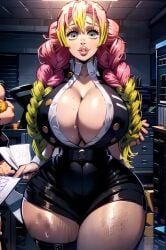 ai_generated big_ass big_breasts bimbo bimbo_body bimbo_lips cleavage demon_slayer huge_ass huge_breasts johnson15a kanroji_mitsuri kimetsu_no_yaiba office_lady seductive seductive_look thick_thighs thin_waist