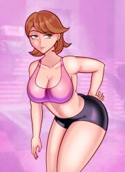 1female 1girls armpits big_breasts bike_shorts black_spats bra breasts brown_eyes brown_hair carfound curvy earrings female_only gym gym_clothes gym_shorts hand_on_butt karfound leaning_forward lips looking_aside megami_tensei persona persona_3 pink_bra pink_sports_bra red_hair shin_megami_tensei short_hair smug spats sports_bra tummy yukari_takeba