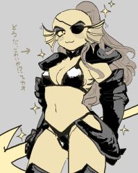 1girls 2010s 2018 :3 anthro anthro_only armor armored_gloves armwear bikini bikini_armor bikini_bottom bikini_top breasts cowboy_shot ear_fins eye_patch eyepatch female_anthro female_only fish fish_girl gauntlets grey_background hair head_fins holding_spear holding_weapon japanese_text legwear marine medium_breasts monochrome monster monster_girl navel non-mammal_breasts non-mammal_navel ribon22 simple_background skimpy_armor skimpy_outfit slit_pupils solo_anthro solo_female sparkle spear text undertale undertale_(series) undyne very_long_hair weapon