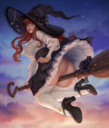 1girls ass broom dress dress_lift evening flying midair no_panties pussy red_hair sky solo toumeimei upskirt witch witch_hat