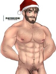 1boy abs arm_hair arms_behind_back artist_name bara beard body_hair brown_eyes brown_hair chest_hair completely_nude dick_root facial_hair flaccid_penis hat human large_pectorals looking_at_viewer magnum_opus_(mewniverse) male male_nipples male_only male_pubic_hair manly mature_male mewniverse multicolored_hair muscles muscular_male mustache navel navel_hair nude_male paid_reward_available patreon_username pecs pectorals sam_(mewniverse) santa_hat short_hair solo standing thick_eyebrows thick_thighs thighs two-tone_hair veiny_penis