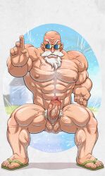 1boy abs artist_name bald balls ballsack bara beefy body_hair dragon_ball erection facial_hair flip_flops foreskin foreskin_folds goatee hairy_balls hairy_male human intact lovkuma male male_focus male_nipples male_only male_pubic_hair manly master_roshi mature_male muscles muscular_male mustache naked_footwear nude_male pecs penis retracted_foreskin sandals scrotum solo sunglasses testicles uncut veiny_muscles veiny_penis veiny_testicles white_hair