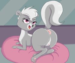 2023 anus ass big_butt claws cushion female feral fur genitals grey_body grey_fur hair hasbro hell99999 hi_res littlest_pet_shop littlest_pet_shop_(2012) long_legs looking_back lying mammal mephitid on_front open_mouth open_smile orange_tongue pawpads pepper_clark pink_eyes pink_pawpads presenting presenting_anus presenting_hindquarters presenting_pussy pussy raised_tail skunk smile solo tail tongue white_hair