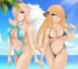 2girls breasts crossover cynthia_(pokemon) female female_only mario_(series) nidavellirstudios nintendo pokemon princess_rosalina super_mario_galaxy swimsuit tagme