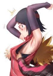 1boy 1girls accidental_circumstance accidental_exposure accidental_pervert areolae armpits arms_up assisted_exposure black_eyes black_hair blush boruto:_naruto_next_generations breast_grab breasts clothing clumsy falling female glasses grabbing_from_behind lying_on_person naruto naruto_(series) nipples ripped_clothing sarada_uchiha slipping small_breasts surprised tripping upper_body uzumaki_boruto yellow_hair yui_hiroshi