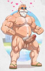 1boy artist_name bald balls ballsack bara beefy body_hair dragon_ball erection facial_hair flip_flops foreskin foreskin_folds goatee hairy_balls hairy_male human intact lovkuma male male_focus male_nipples male_only male_pubic_hair manly master_roshi mature_male musclegut muscles muscular_male mustache naked_footwear nosebleed nude_male partially_retracted_foreskin pecs penis sandals scrotum solo sunglasses testicles uncut veiny_biceps veiny_penis white_hair