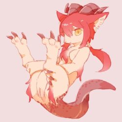 2018 anthro bovid caprine female fur genitals goat kemono mammal niogupoke pink_background pussy red_body red_fur simple_background solo spread_legs spreading tan_body tan_fur yellow_eyes